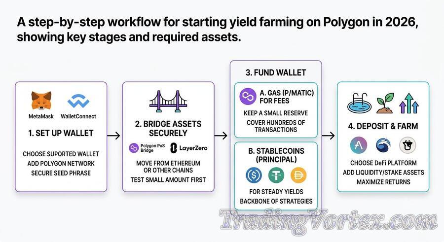 A step-by-step workflow for starting yield farming on Polygon in 2026